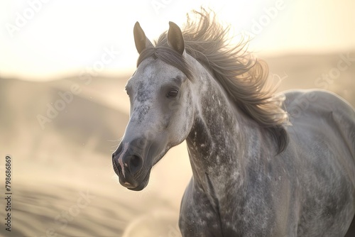 Grey Horse Galloping in the Desert - Silver Mane Freedom
