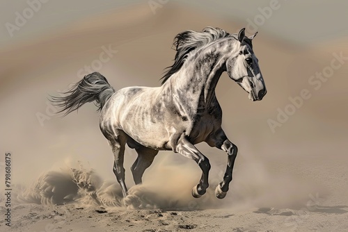Majestic Grey Horse Rearing in the Desert - Spirit of Freedom under the Silver Sun