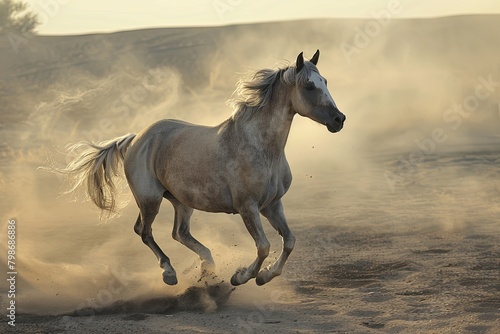 Grey Horse Galloping in the Desert  Silver Mane Flash Amid Rising Dust and Sunshine