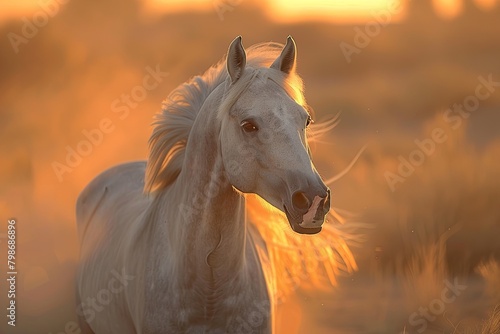Golden Light Rise  Majestic Grey Horse in the Desert  Embodying Beauty  Spirit  Freedom