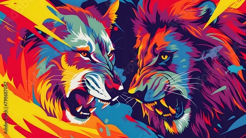 colorful vector illustration of wolf surrounded a lion  ready to attack