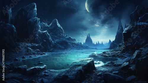 Mysterious alien landscape with luminescent waters under a moonlit sky