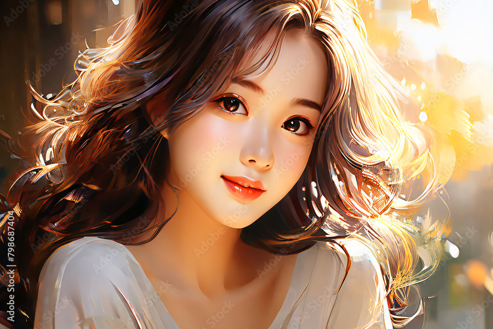 A beautiful girl's face looks calm and happy, her vivid eyes sparkle, her generous smile around her mouth, her skin and smile shine more, AI, GENERATIVE, 美少女, KOREA GIRL GROUP