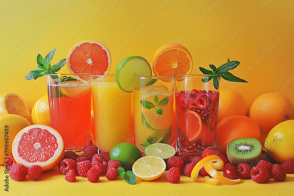 Summer refreshing cocktail with ice and berries and fruits. 3D Summer refreshing cocktail with ice and berries and fruits. 3D