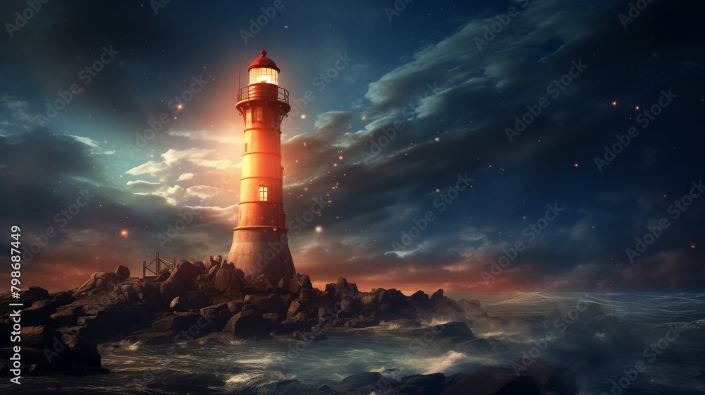Majestic cosmic lighthouse amidst stormy seas under a starry night sky