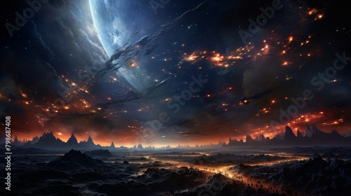 Stunning cosmic event over futuristic cityscape with mountain backdrop photo