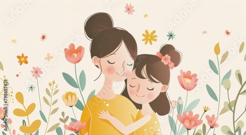A flat illustration of a mother and daughter hugging, surrounded by flowers and leaves on a simple background with pastel colors in the style of vector art. The cute and adorable photo