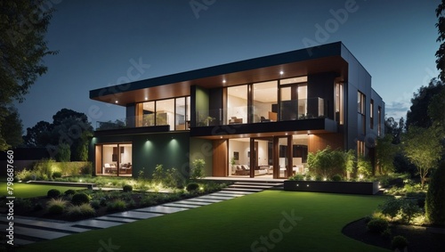 Modern house with garden at night. Green garden on left. Modern open space architecture of house and front lawn. © ponpary