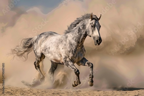 Galloping Majesty: Grey Horse in Desert Dust