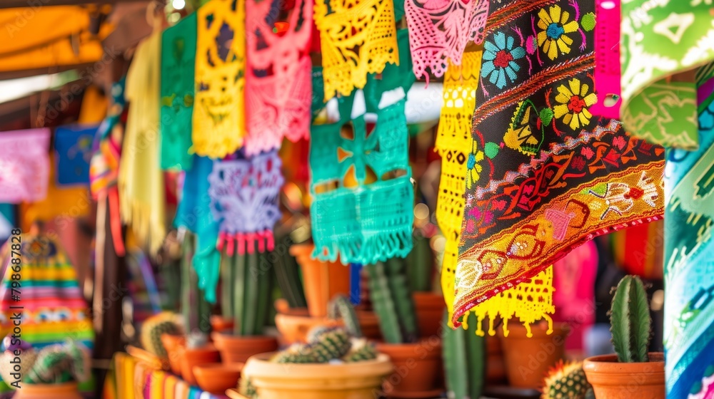 Fototapeta premium Vibrant traditional mexican papel picado and pottery display Cinco De Mayo