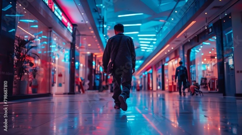 An AI security guard patrolling a shopping mall at night