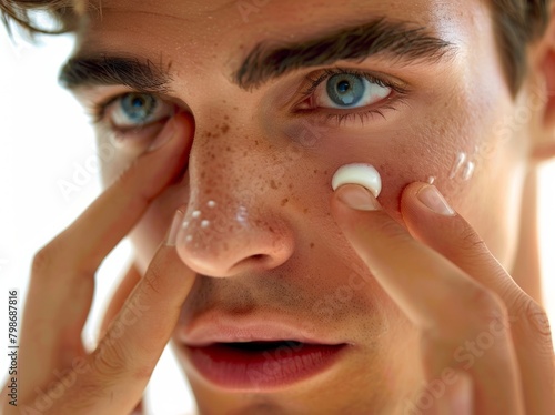 A man applying eye cream isolated on a white background, in a closeup view of the face and fingers with a contact lens in one finger. A close up portrait of a handsome man using a cosmetic product 