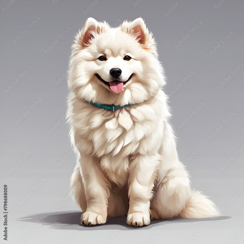 Samoyed dog in cartoon style. Cute Samoyed isolated on white background. Watercolor drawing, hand-drawn Samoyed in watercolor. For children's books, for cards, Children's illustration. Samoyed dog in cartoon style. Cute Samoyed isolated on white background. Watercolor drawing, hand-drawn Samoyed in watercolor. For children's books, for cards, Children's illustration.