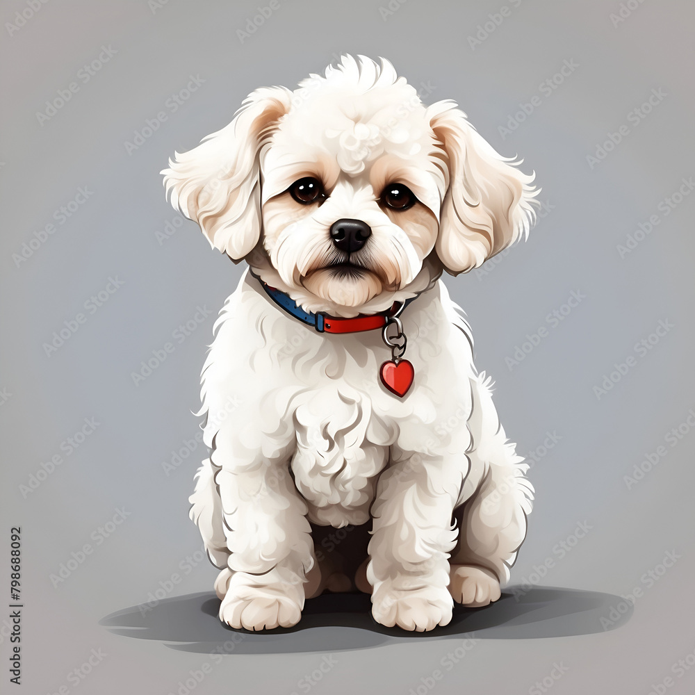 Obraz premium Bichon Frise dog in cartoon style. Cute Bichon Frise isolated on white background. Watercolor drawing, hand-drawn Bichon Frise in watercolor. For children's books, for cards, Children's illustration.