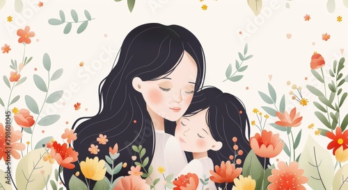 A flat illustration of a mother and daughter hugging, surrounded by flowers and leaves on a simple background with pastel colors in the style of vector art. 