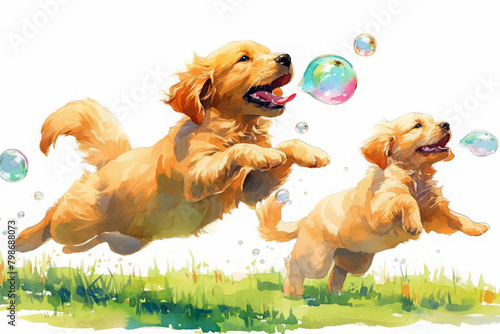 Playful puppies chasing bubbles in a sunny yard, fluffy tails and joyful leaps, detailed and carefree, isolated on white background, watercolor