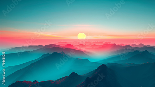 Majestic mountain range at sunset, casting vibrant hues across the horizon, ai generated
