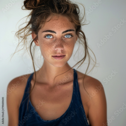 headshot of beautiful female model, light brown hair in messy bun, blue eyes, wearing navy tank top, looking at camera, white background, soft lighting
