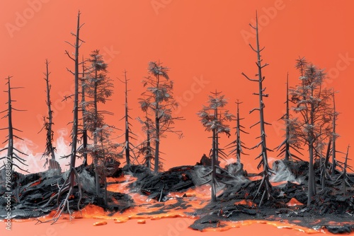 A desolate landscape with a few trees and a lot of dead trees