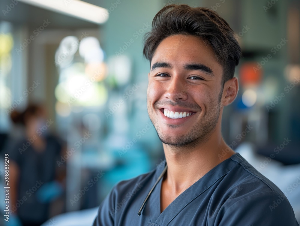 Obraz premium A Nurse male wearing nurse uniform, standing in front of a patient's room, smiling, smiling and looking into camera