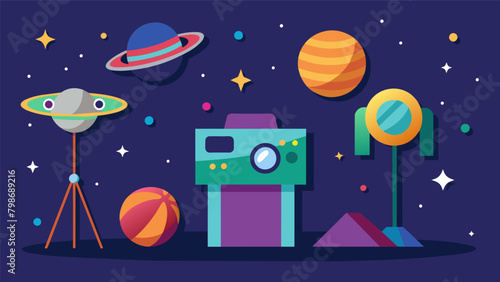 A spacethemed photo booth allows for fun and silly pictures with props like alien antennas and planet masks.