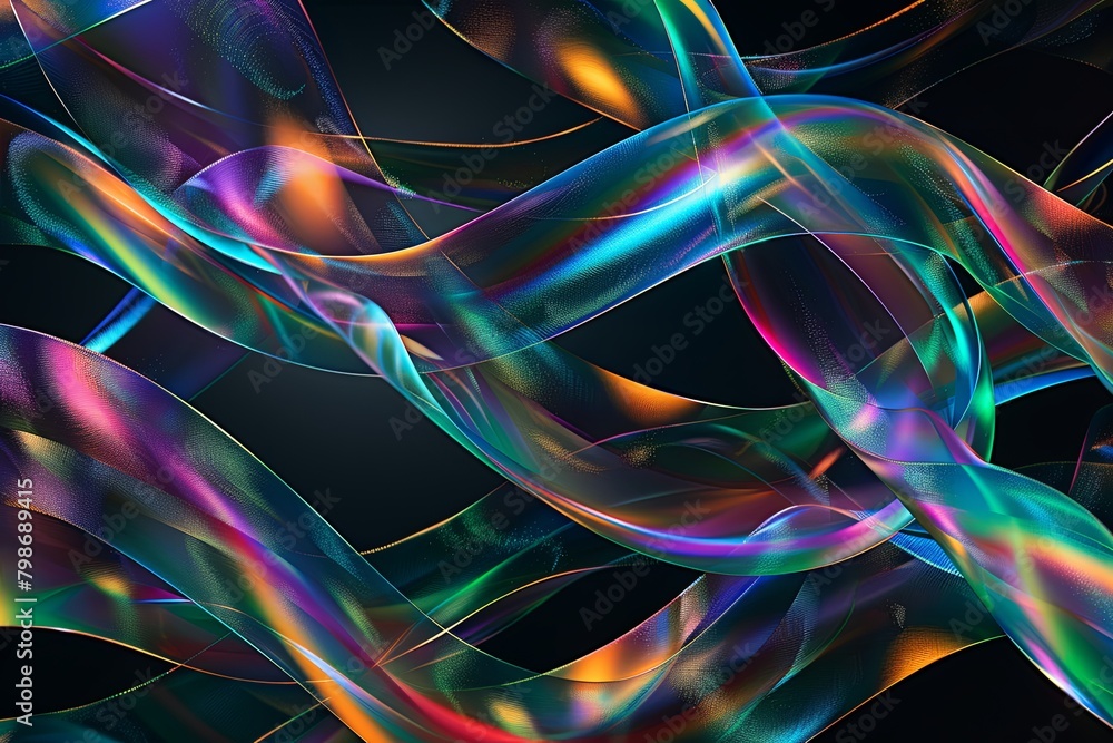Twisted Ribbon Holographic Swirls on Dark Background - Fluid Iridescent Waves Twisted Ribbon Holographic Swirls on Dark Background - Fluid Iridescent Waves