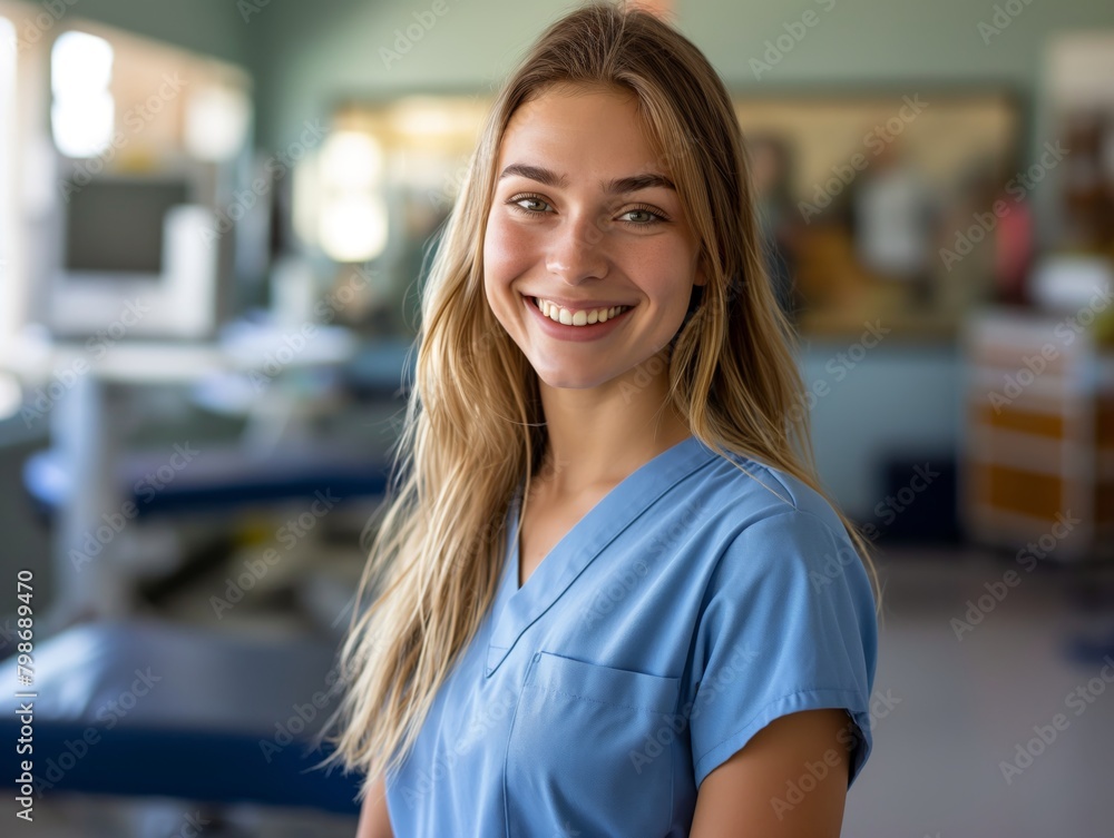 Fototapeta premium An Occupational Therapist female wearing occupational therapist uniform, standing in front of therapy equipment, smiling and looking into camera