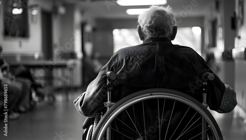 Elderly Patient in Wheelchair Navigating Hospital Hallway for Medical Care