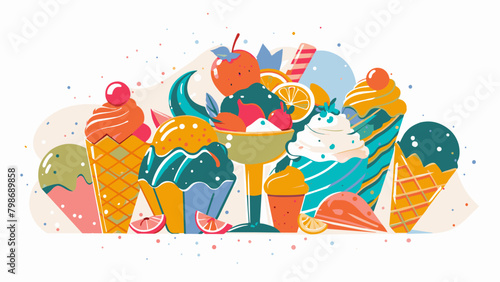 Colorful Assortment of Ice Cream and Desserts Illustration. Colorful vector graphic of various ice cream desserts. Sweet treats and summer dessert concept. Design for menu, poster, food blog banner