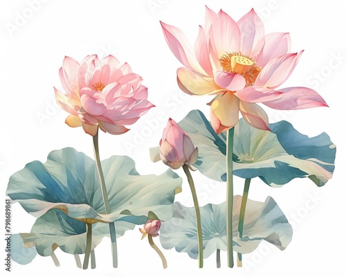 Serene lotus flowers in full bloom, vibrant pinks and soft greens, detailed in botanical beauty, isolated on white background, watercolor