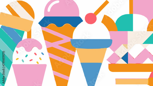 Colorful Assortment of Ice Cream Cones Illustration. Colorful vector graphic of various ice cream desserts. Sweet treats and summer dessert concept. Design for menu, poster, food blog banner. 