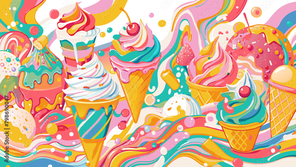 Vibrant Ice Cream Fantasy: Colorful, Whimsical Dessert Illustration. Colorful vector graphic of various ice cream desserts. Sweet treats and summer dessert concept. Design for menu, poster, food blog 