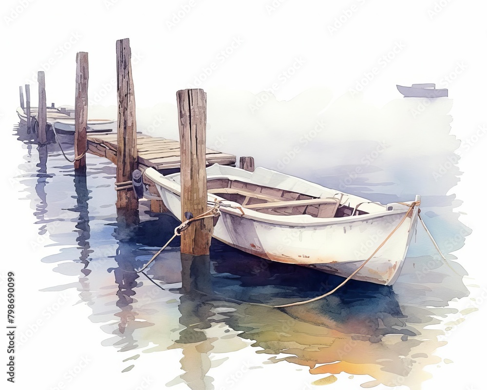 Serene morning on a foggy pier, boats moored quietly, soft grays and muted colors, detailed in early day calm, isolated on white background, watercolor Serene morning on a foggy pier, boats moored quietly, soft grays and muted colors, detailed in early day calm, isolated on white background, watercolor