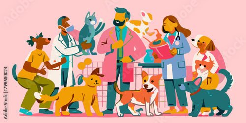 Vibrant Cartoon Veterinary Clinic with Happy Pets and Vets. Vector illustration of pet care professionals and animals. Medicine pet healthcare concept Design for poster  banner