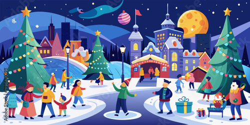 Festive Winter Holidays Celebration in Quaint Town Square.  Vector illustration of a holiday scene with decorations and cityscape. Winter season celebration concept. Design for greeting card  banner