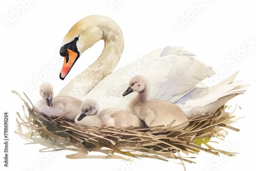 Serene swan nest with cygnets nestled in, soft feathers and gentle forms, detailed and nurturing, isolated on white background, watercolor