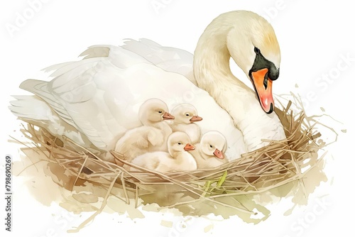 Serene swan nest with cygnets nestled in, soft feathers and gentle forms, detailed and nurturing, isolated on white background, watercolor