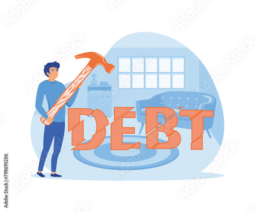 Businessman trying to crush and smash the heavy debt burden. Breaking the debt. flat vector modern illustration