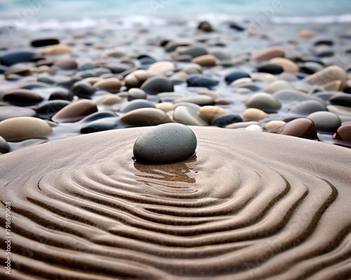 Smooth river stones arranged in a zenlike pattern on a sandy beach, with gentle waves in the background creating a tranquil scene photo