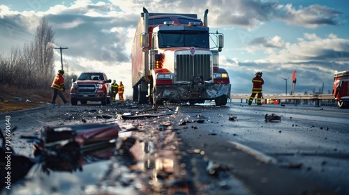 A truck accident scene with spilled cargo and emergency responders. 