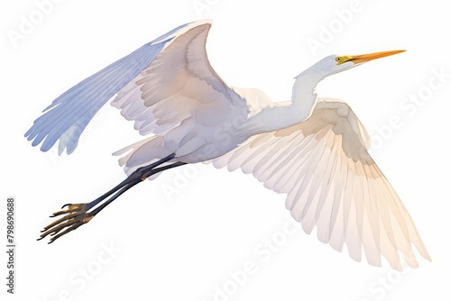 Snowy egret in flight, wings wide and graceful, serene and detailed, vivid colors captured in high detail, isolated on white background, watercolor