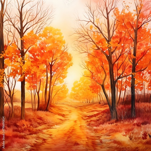 Sunset through a forest clearing, warm oranges and reds filtering through trees, vivid and warm border, isolated on white background, watercolor © Pakorn