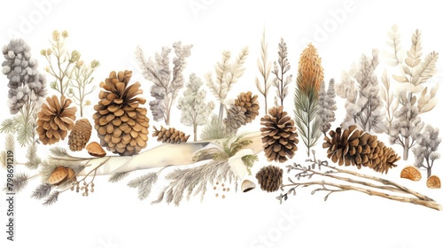 Variety of earthy morels, rich browns and subtle grays, textured and natural, forming a rustic border, isolated on white background, watercolor