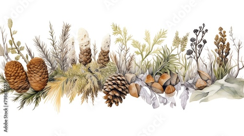 Variety of earthy morels  rich browns and subtle grays  textured and natural  forming a rustic border  isolated on white background  watercolor