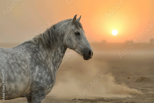 Sunrise Serenade: Grey Horse Symphony of Freedom and Grace in the Desert Dust