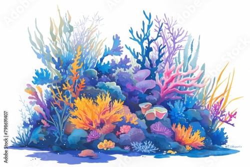 Vibrant coral undersea, a spectrum of colors among the ocean depths, detailed and mystical, isolated on white background, watercolor
