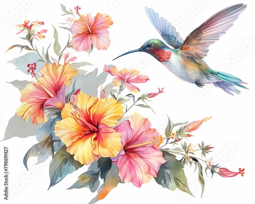 Vibrant hummingbirds hovering over a garden of hibiscus, delicate wings and bold flowers, detailed in natural harmony, isolated on white background, watercolor