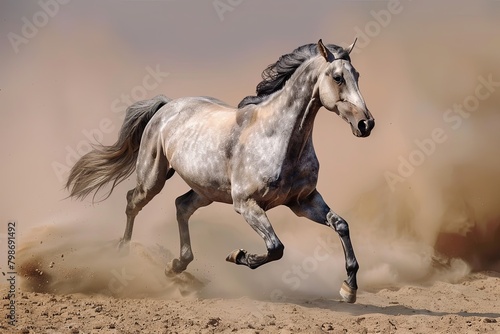 Fast and Furious: Grey Horse Charging through the Desert Scene