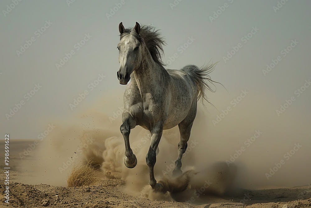 Grey Horse Leaping: Majestic Symbol of Untamed Freedom in the Desert Silence Grey Horse Leaping: Majestic Symbol of Untamed Freedom in the Desert Silence