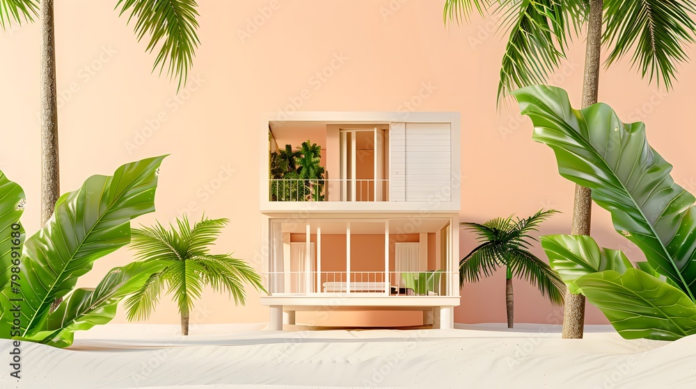 Fototapeta premium Geometric abstract house or hotel. Beach house or villa among palm trees. Summer vacation concept background with copy space